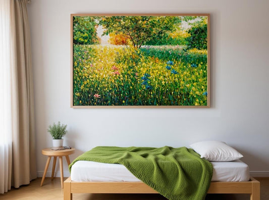 Original &#39;Emerald Meadow&#39; landscape painting in a Scandinavian-style bedroom with white walls and light wood tones. The meadow&#39;s lush greenery echoes the green knitted blanket and potted plant. Textured impasto technique creates tactile contrast against smooth minimalist surfaces, transforming the space into a serene natural sanctuary.