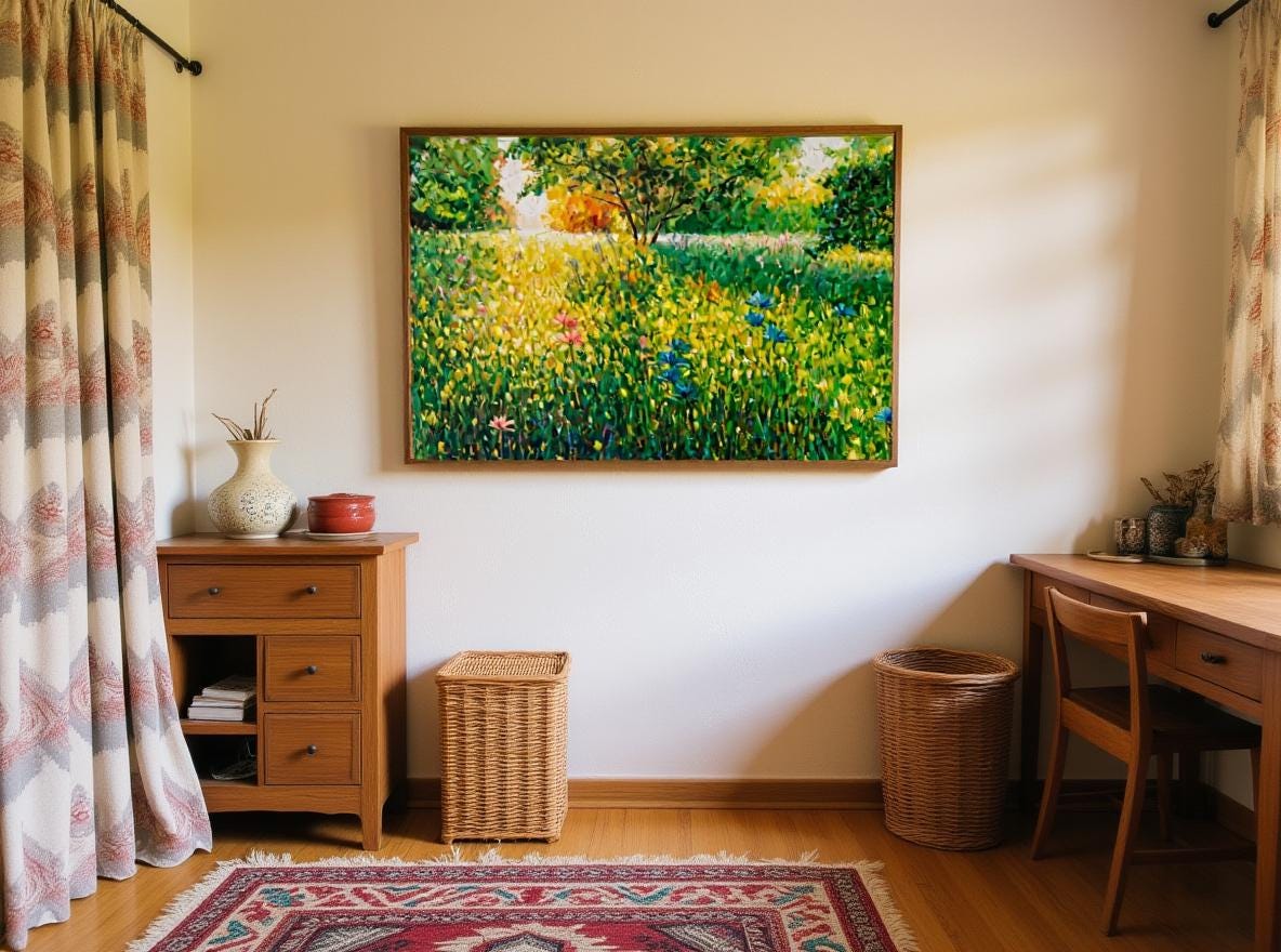 Nature-themed workspace featuring &#39;Emerald Meadow&#39; above wooden desk. Patterned rug & potted plants echo painting&#39;s meadow motif. Earthy textures in the impasto art complement functional wood furniture, creating a cohesive Scandinavian retreat that blends artistry and utility.