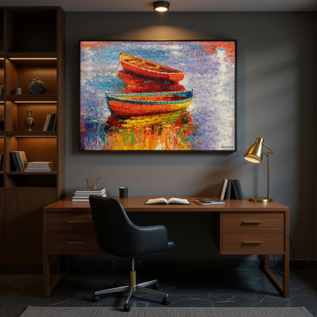 George Miller&#39;s &quot;Tranquil Harbor&quot; adds a splash of color and energy to this modern study. The painting&#39;s vibrant hues contrast with the dark walls, creating a focal point that inspires creativity and focus. The textured brushstrokes add depth and visual interest to the workspace.