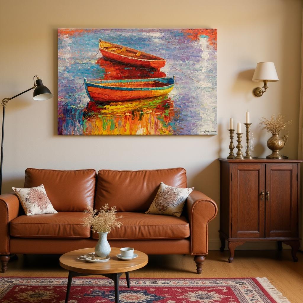 George Miller&#39;s &quot;Tranquil Harbor&quot; adds a modern touch to this traditional living room. The painting&#39;s vibrant colors contrast with the warm tones of the leather sofa and wooden furniture, creating a visually appealing focal point. The artwork brings a sense of energy and movement to the space.