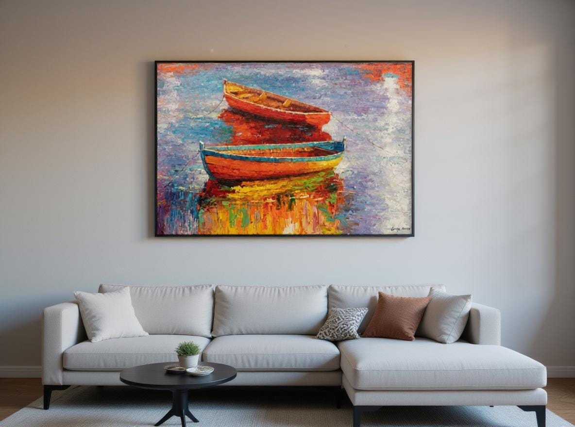 George Miller&#39;s &quot;Tranquil Harbor&quot; complements this minimalist living room with its vibrant colors and dynamic composition. The painting&#39;s boat imagery adds a touch of whimsy to the clean, uncluttered space. The artwork creates a focal point that draws the eye and adds visual interest.