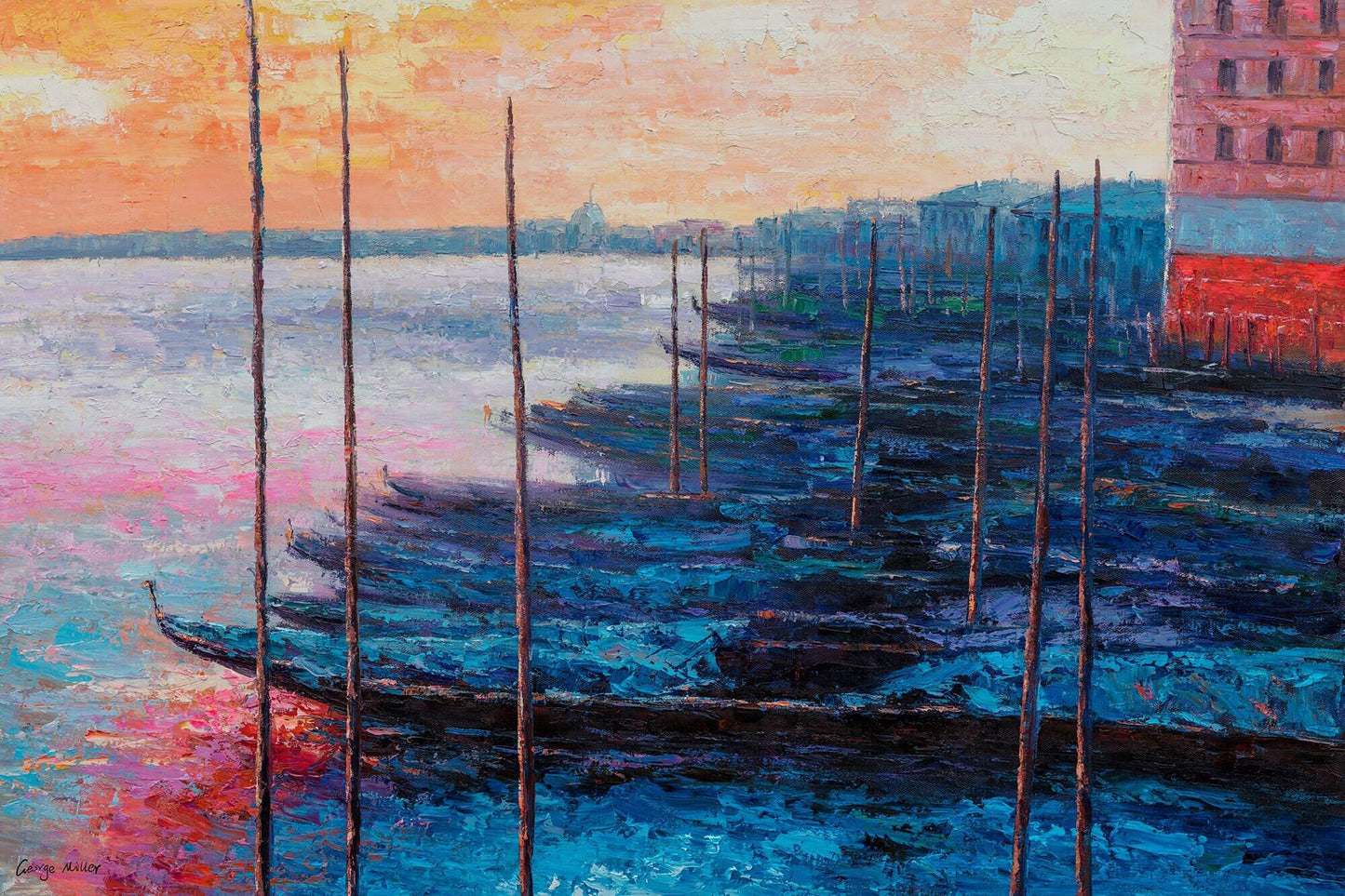 Original hand-painted oil painting by George Miller: &#39;Venice-inspired masterpiece: Grand Canal Gondola at Dawn&#39;. Features thick impasto texture capturing gondolas at sunrise with vibrant orange-pink skies reflected in deep blue waters. Venetian architecture backdrop. Gallery-ready focal piece celebrating Venetian dawn ambiance.