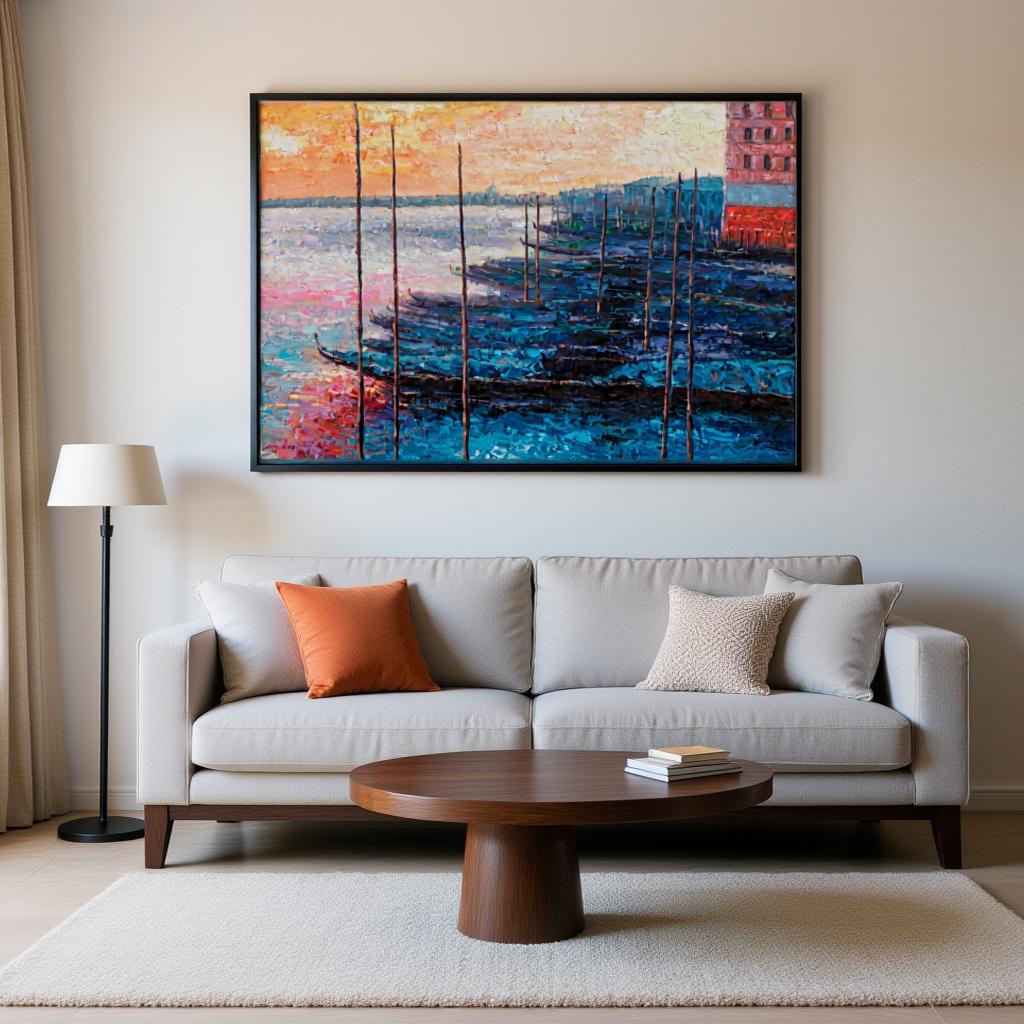 George Miller&#39;s Venetian oil painting elevates this modern living room. Displayed above gray sofa, dawn colors energize neutral space. Thick brushstrokes contrast clean-lined furniture. Gondola silhouettes and architectural details transform minimalist decor into a sophisticated Venice-inspired retreat.