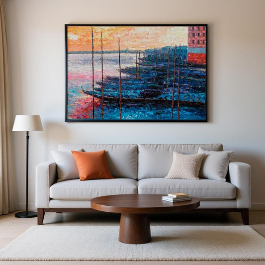 George Miller&#39;s Venetian oil painting elevates this modern living room. Displayed above gray sofa, dawn colors energize neutral space. Thick brushstrokes contrast clean-lined furniture. Gondola silhouettes and architectural details transform minimalist decor into a sophisticated Venice-inspired retreat.