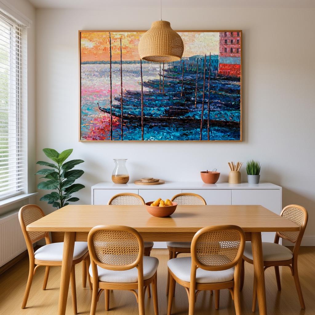 George Miller&#39;s Venice painting enhances Scandinavian dining. Warm sunset tones harmonize with rattan chairs, terracotta decor, and oak table. Textured impasto complements woven pendant lighting. Gondolas and architecture bring Venetian charm to organic Nordic minimalism.