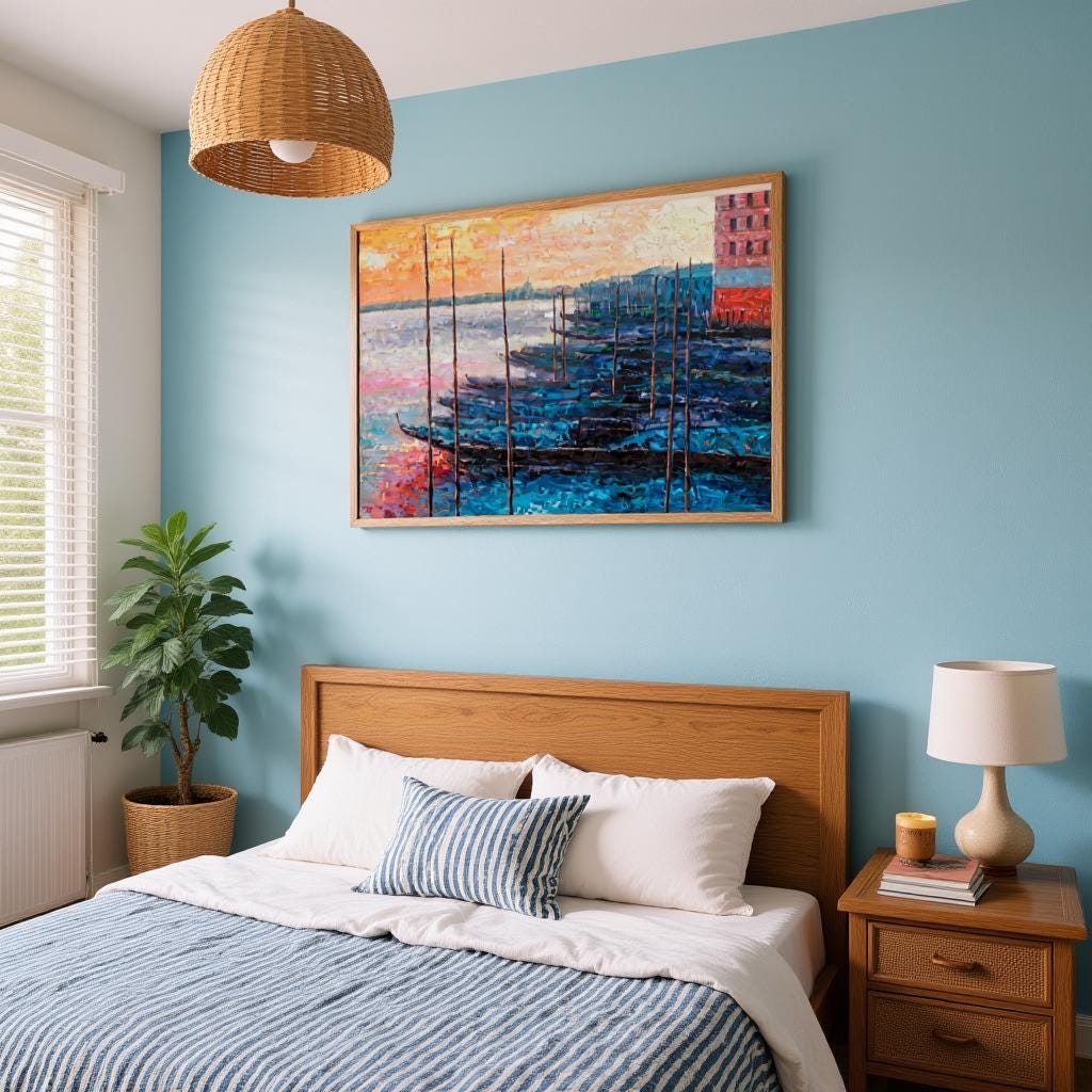 George Miller&#39;s Venice painting transforms coastal bedroom. Sunset colors pop against blue walls with woven accents. Textured gondolas and water reflections harmonize with white linens. Merges beach-house tranquility with Venetian vibrancy as a serene escape focal point.