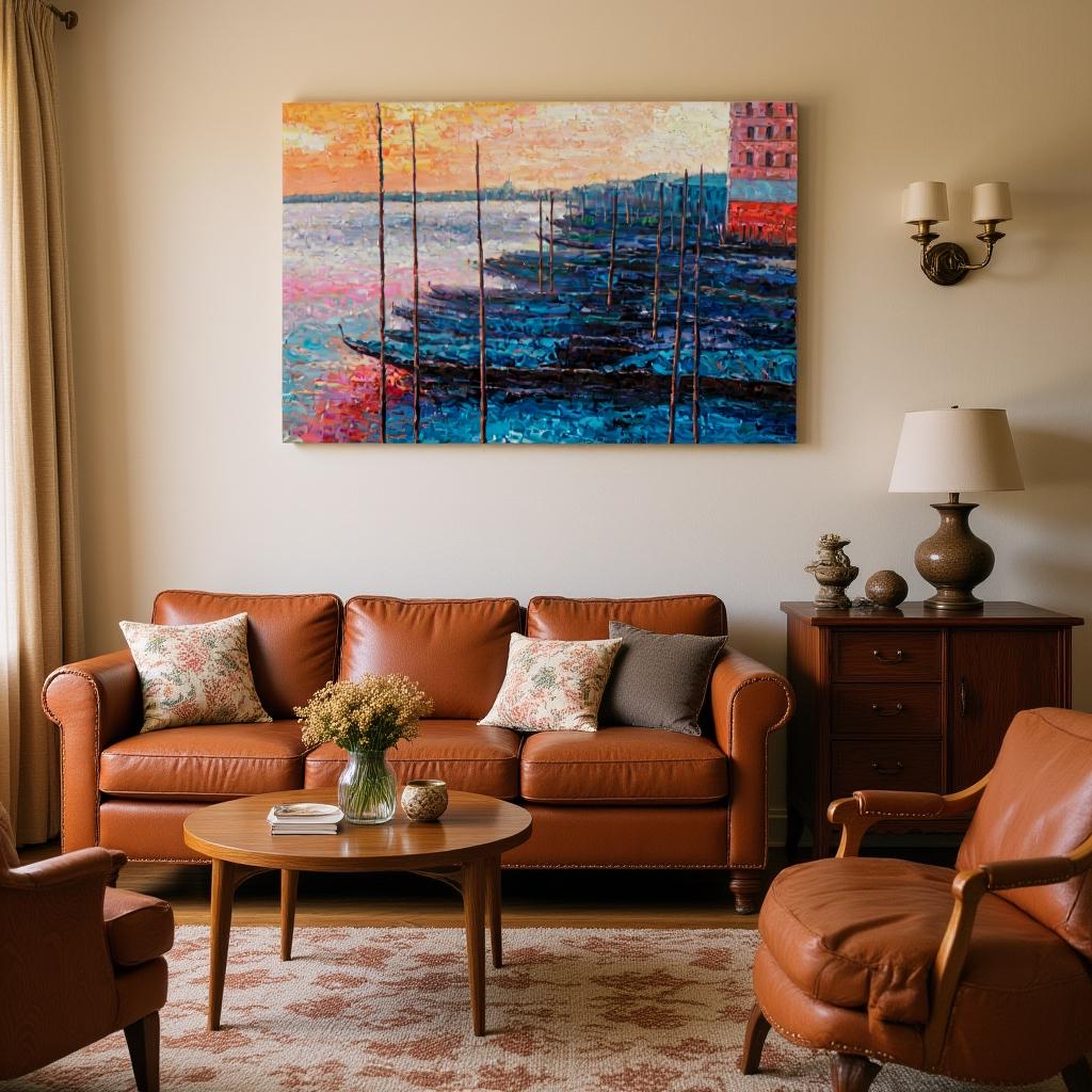 George Miller&#39;s Venetian masterpiece anchors this lounge. Warm dawn palette complements Chesterfield sofa and floral pillows. Thick impasto textures contrast refined furniture. Gondola details add depth to traditional elegance, creating timeless Venice-inspired sophistication.