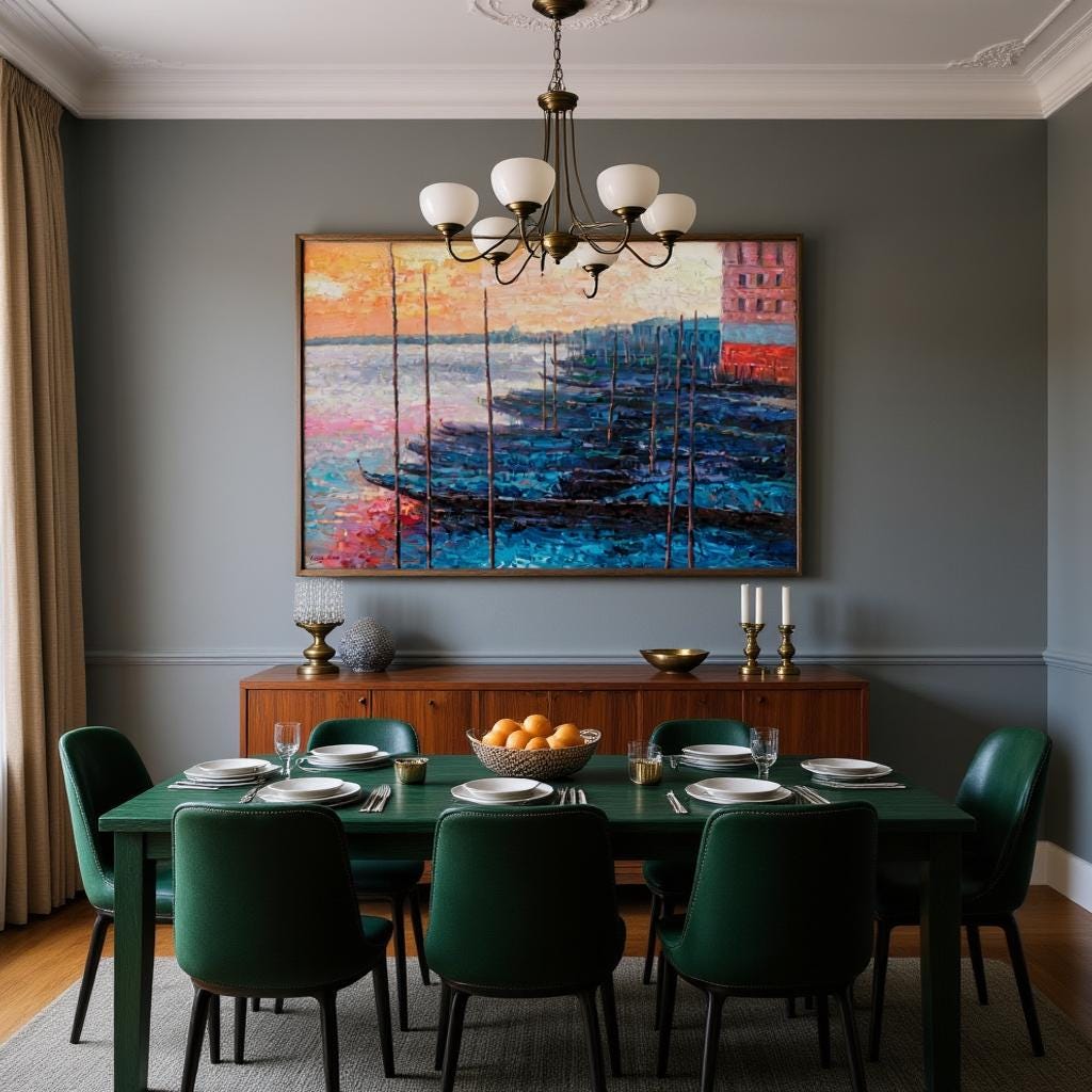 George Miller&#39;s Venetian artwork dazzles in glamorous dining room. Fiery dawn hues glow against dark green walls under brass chandeliers. Thick impasto textures complement velvet chairs. Gondola silhouettes and citrus decor create theatrical Venice-inspired luxury.