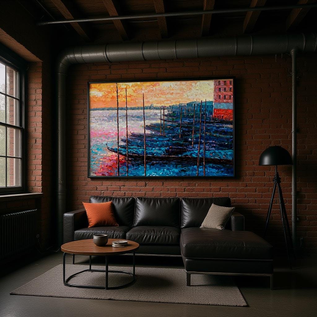 George Miller&#39;s Venetian masterpiece ignites industrial loft. Vibrant dawn colors contrast exposed brick. Textured gondolas soften leather sofa and metal pipes. Orange throw pillow echoes artwork, merging Venetian romance with urban edge.