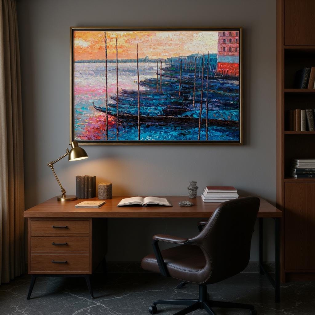 George Miller&#39;s Venetian masterpiece inspires this charcoal office. Vibrant dawn hues energize dark walls above wood desk. Brass accents highlight impasto textures. Gondola reflections bring Venetian serenity to modern workspace, balancing productivity and artistic sophistication.