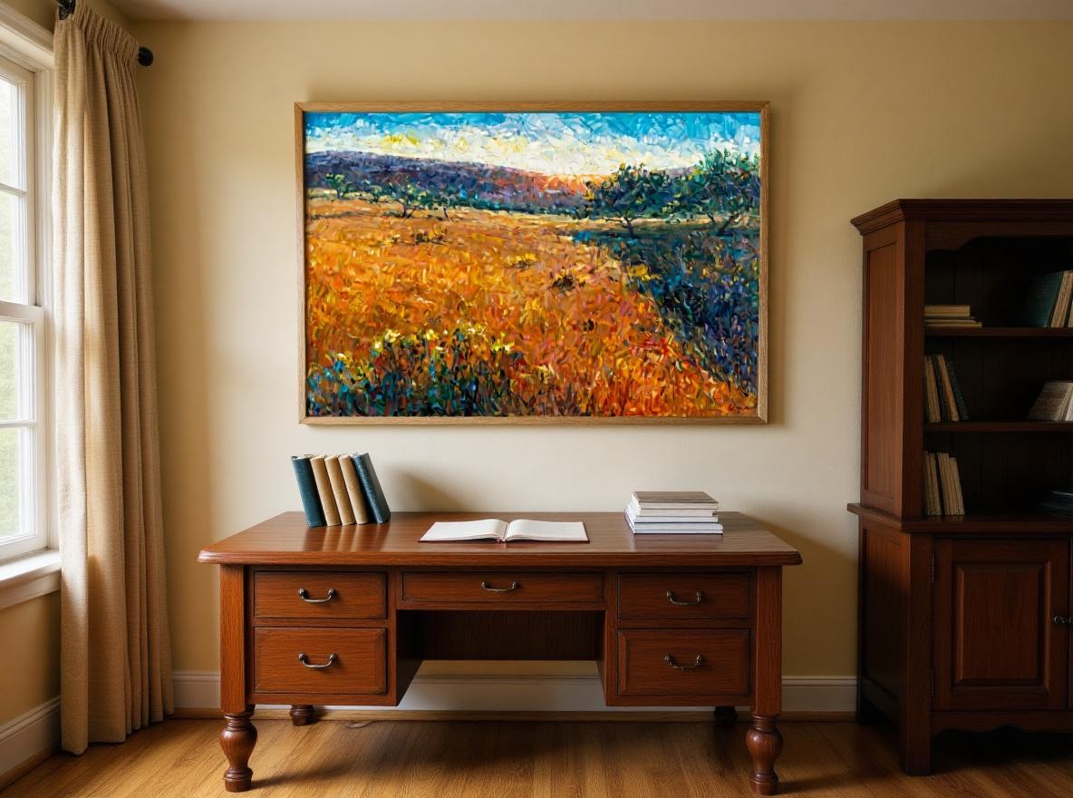 George Miller&#39;s &#39;Tuscany Sunset&#39; energizes a traditional home office. Above a walnut desk, the painting’s vibrant Tuscan landscape contrasts earthy neutrals. Textured brushstrokes in golds and blues complement brass hardware and natural light. Modern art meets classic craftsmanship: energizes workspace while harmonizing with wood tones, showcasing seamless decor fusion.