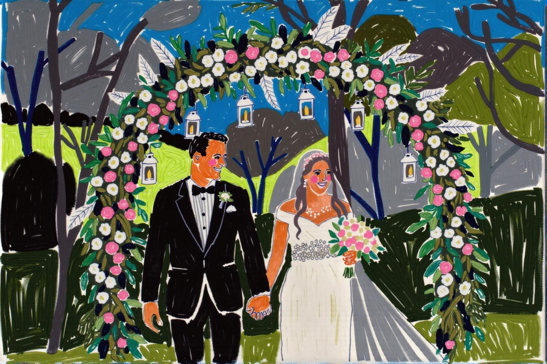 A custom wedding portrait depicting a newlywed couple walking hand-in-hand beneath a floral archway, illustrated in a charming, hand-drawn style with hanging lanterns.