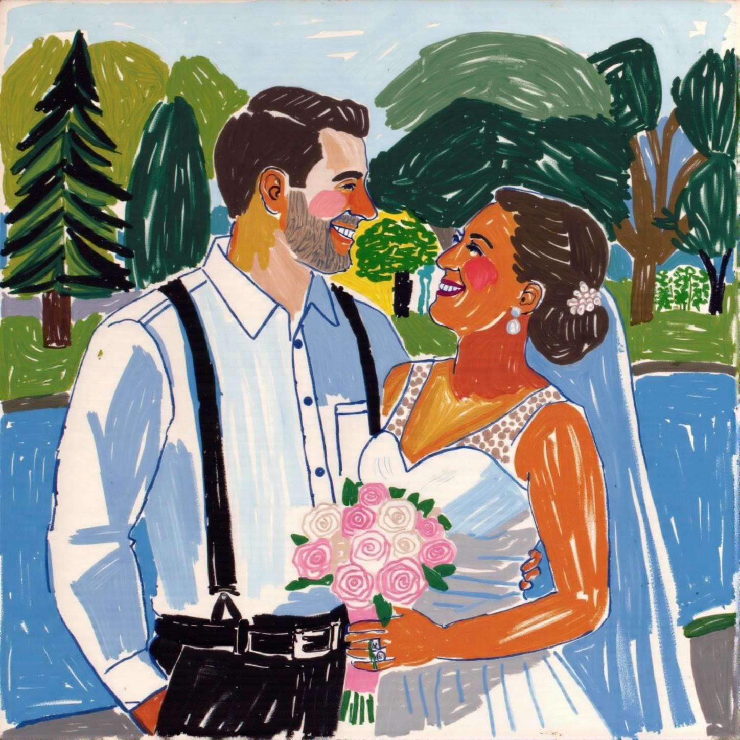 A custom wedding portrait featuring a couple standing by a lake, rendered in a whimsical, hand-drawn style with bright colors and a playful composition.