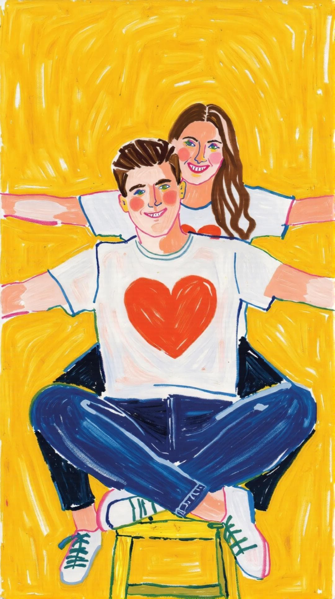 A custom wedding portrait featuring a couple in matching shirts with a red heart, illustrated in a vibrant, hand-drawn style with a playful and cheerful composition.