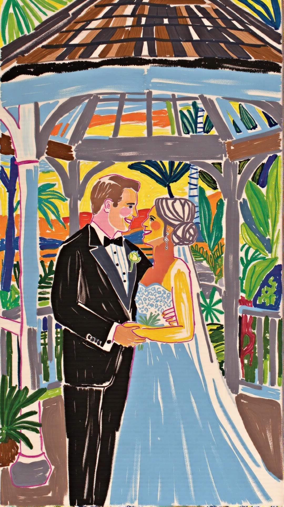 A custom wedding portrait featuring a couple embracing under a gazebo, rendered in a vibrant, hand-drawn style with a colorful sunset backdrop.
