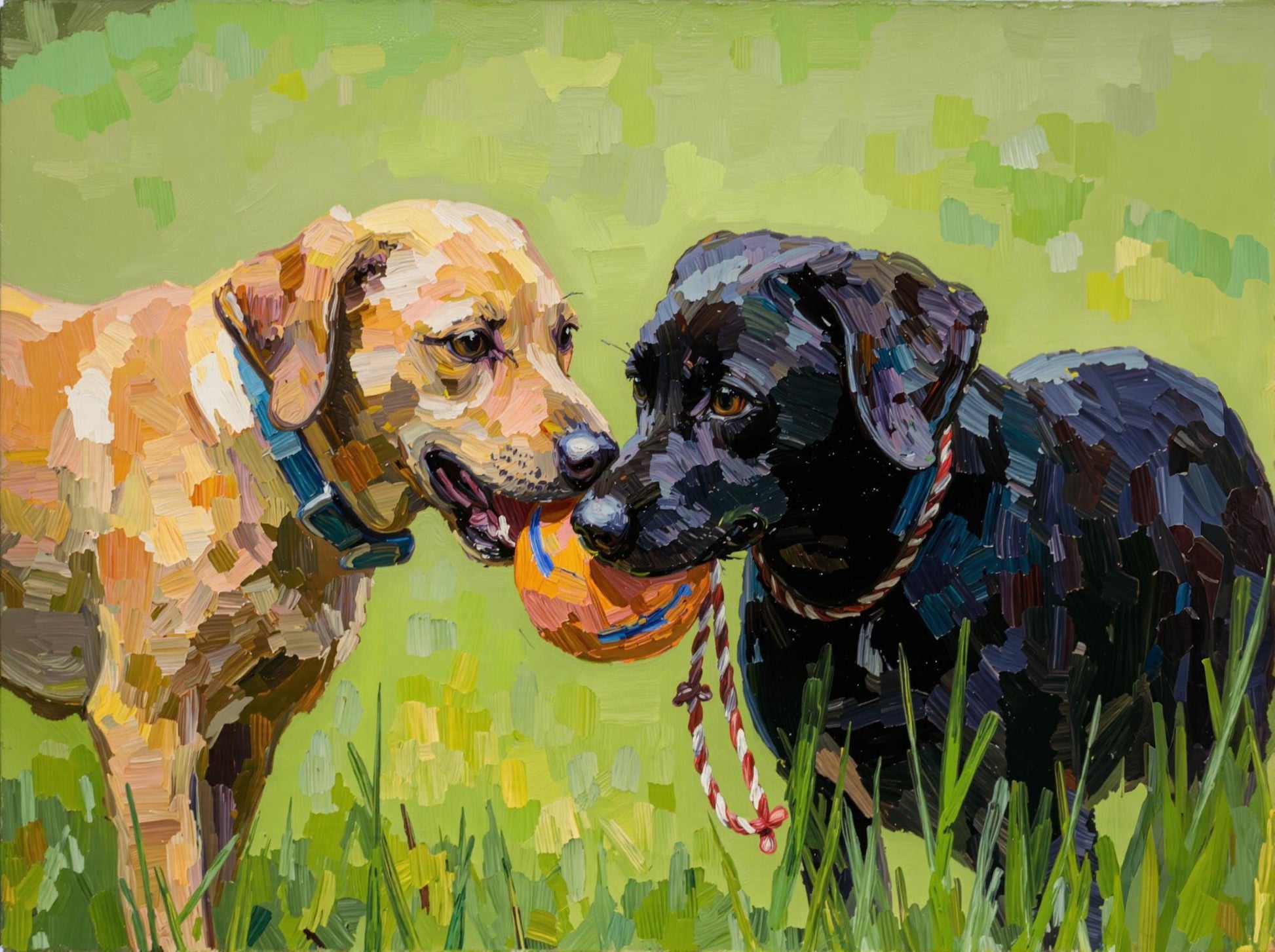 Two Dogs with Ball: Vibrant impasto oil style digital art of two dogs playing with a ball. Custom pet portrait, capturing playful moments. Includes 2 pets!