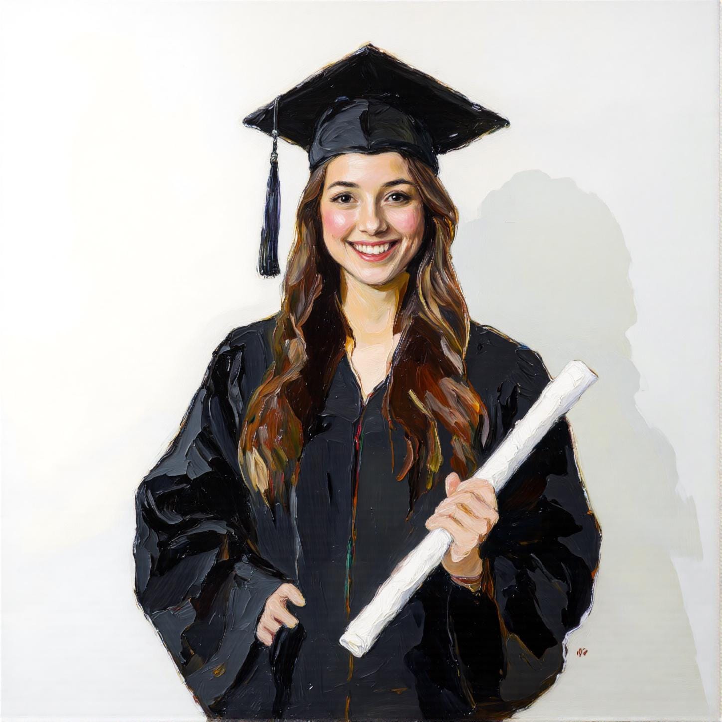 Graduate Portrait: Thick brush digital art portrait of a graduate in cap and gown. Personalized oil painting style, a custom gift for home decor. Transform photo to oil portrait!