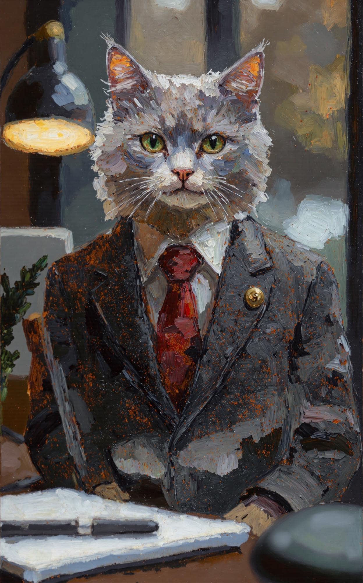 A whimsical pet portrait of a gray cat dressed in a business suit with a red tie, painted in a thick oil style with textured brushstrokes.