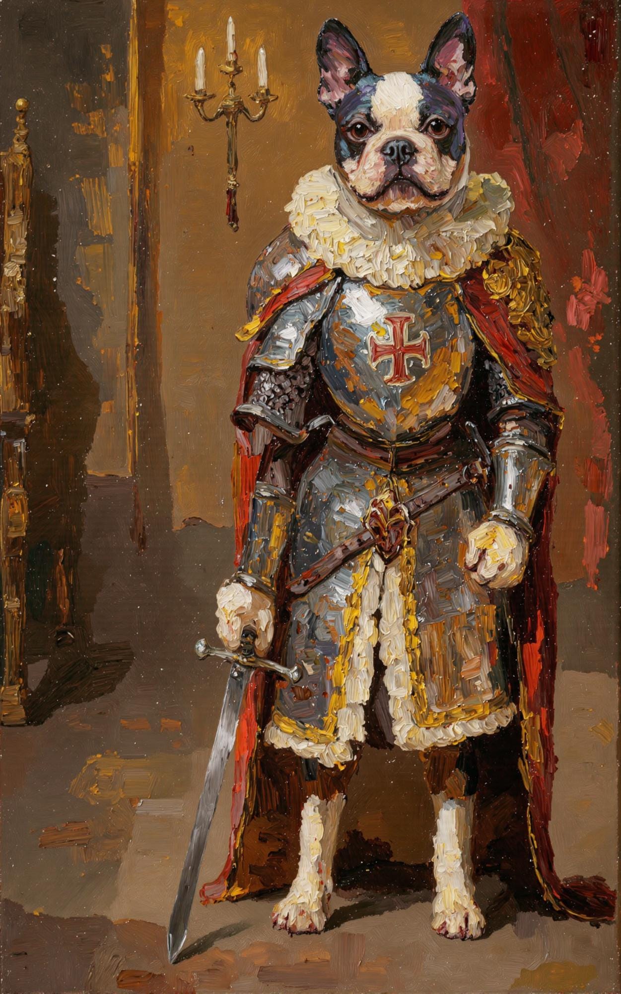 A whimsical pet portrait of a French Bulldog dressed as a knight in shining armor with a red cape, painted in a thick oil style with textured brushstrokes.