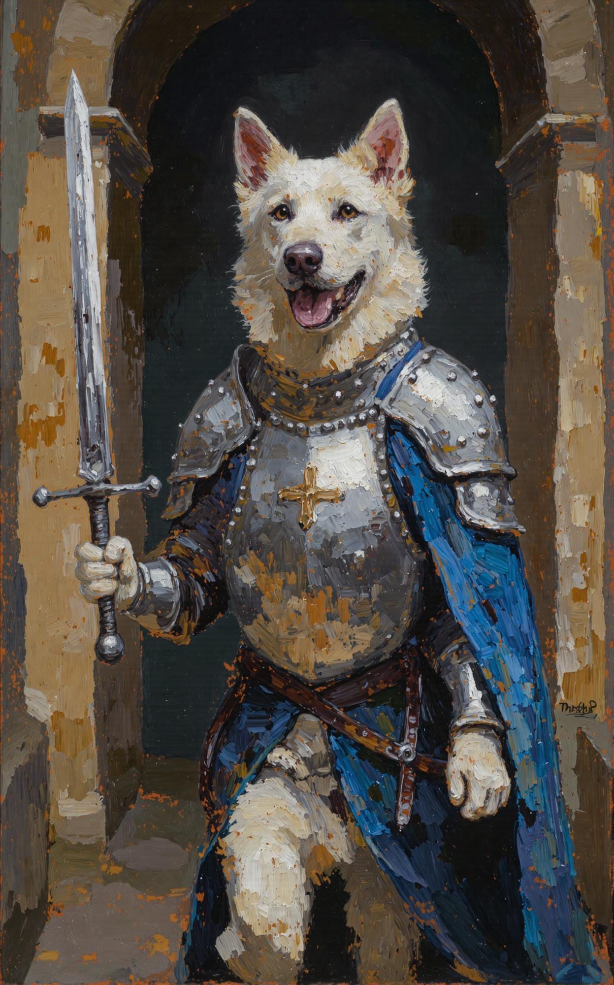 A whimsical pet portrait of a white dog dressed as a knight in shining armor, holding a sword, painted in a thick oil style with textured brushstrokes.