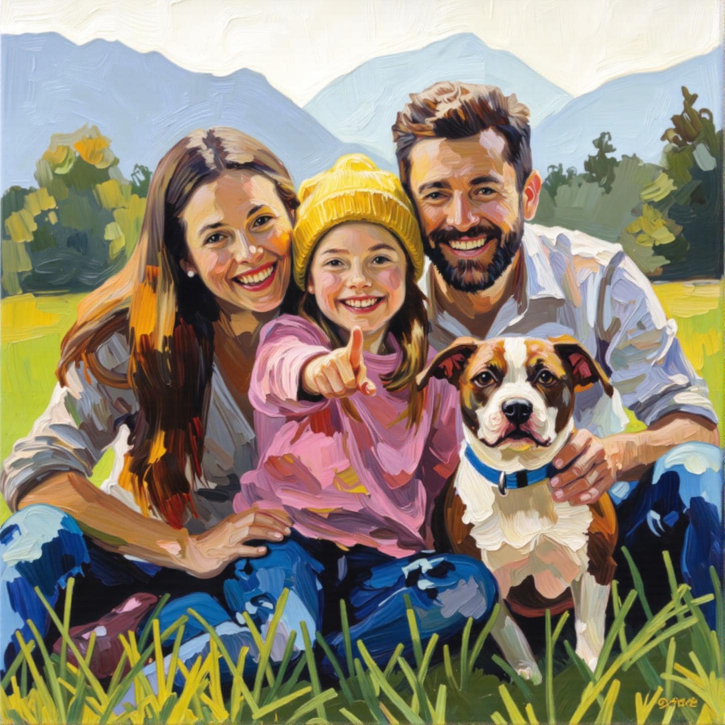 Family with Dog Portrait: Vibrant impasto style digital painting of a family with their dog. Custom family portrait, up to 3 people/pets. High-res personalized art!