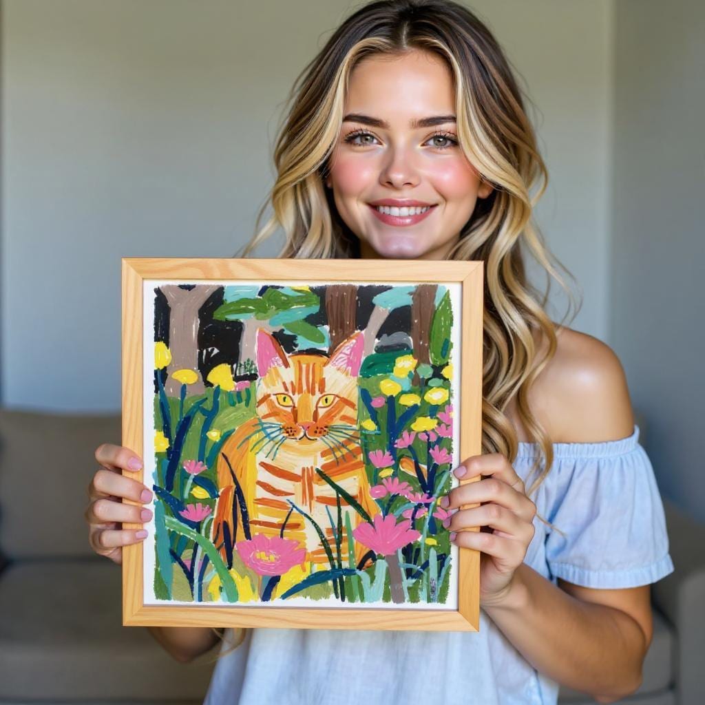 A custom pet portrait on giclée canvas, hand-drawn illustration of an orange cat in a field of pink flowers, held by a smiling woman in a blue top.