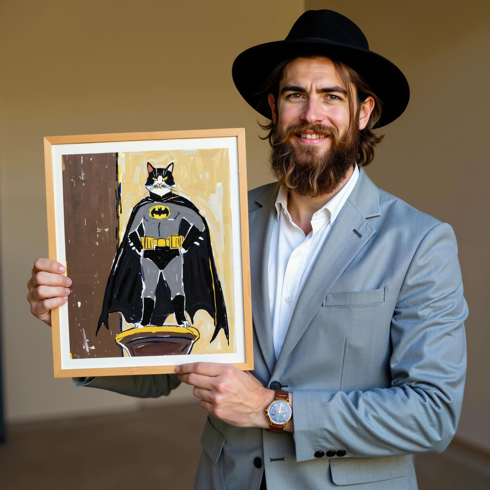 A smiling man holds a custom pet portrait on canvas, featuring a black and white cat dressed as Batman. The whimsical art captures the playful spirit of the pet with bold colors.