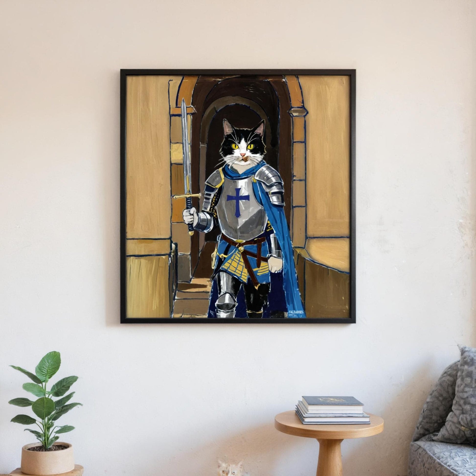 Custom pet portrait on canvas, featuring a black and white cat dressed as a knight in shining armor, displayed in a living room. The whimsical art captures the heroic spirit of the pet with vibrant colors.