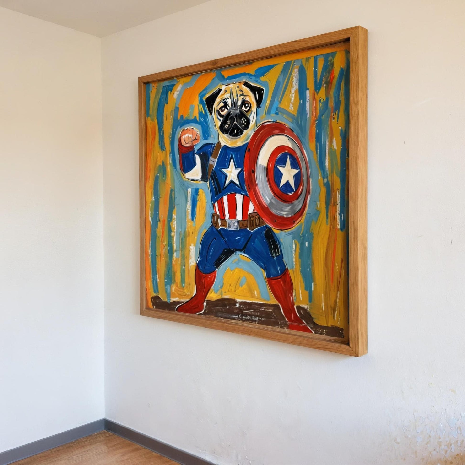 Custom pet portrait on canvas, featuring a pug dressed as Captain America, displayed on a wall. The whimsical art captures the heroic spirit of the pet with bold colors.