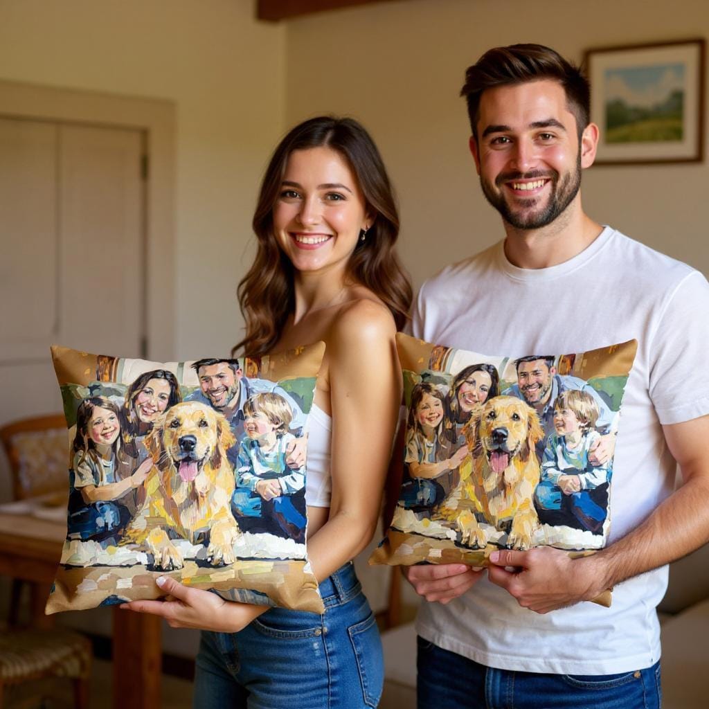 Custom Family Portrait Throw Pillow – Oil Style Painted from Photo
