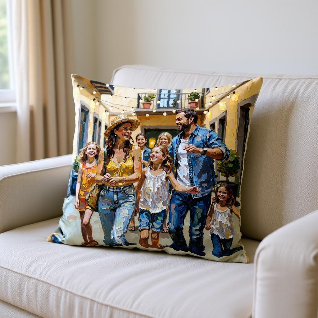 Photo to Oil Painting Pillow – Custom Family Memory Cushion
