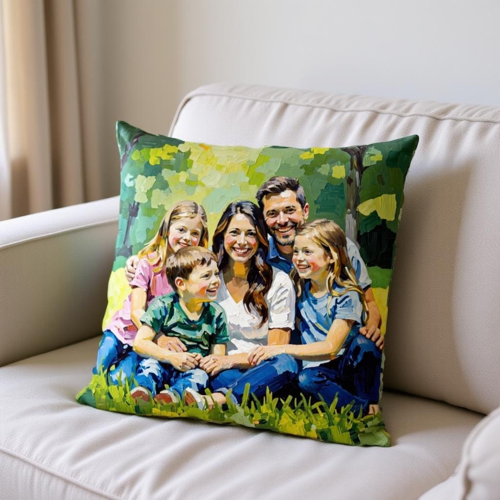 Custom Couple or Family Throw Pillow – Thick Brushstroke Art Style