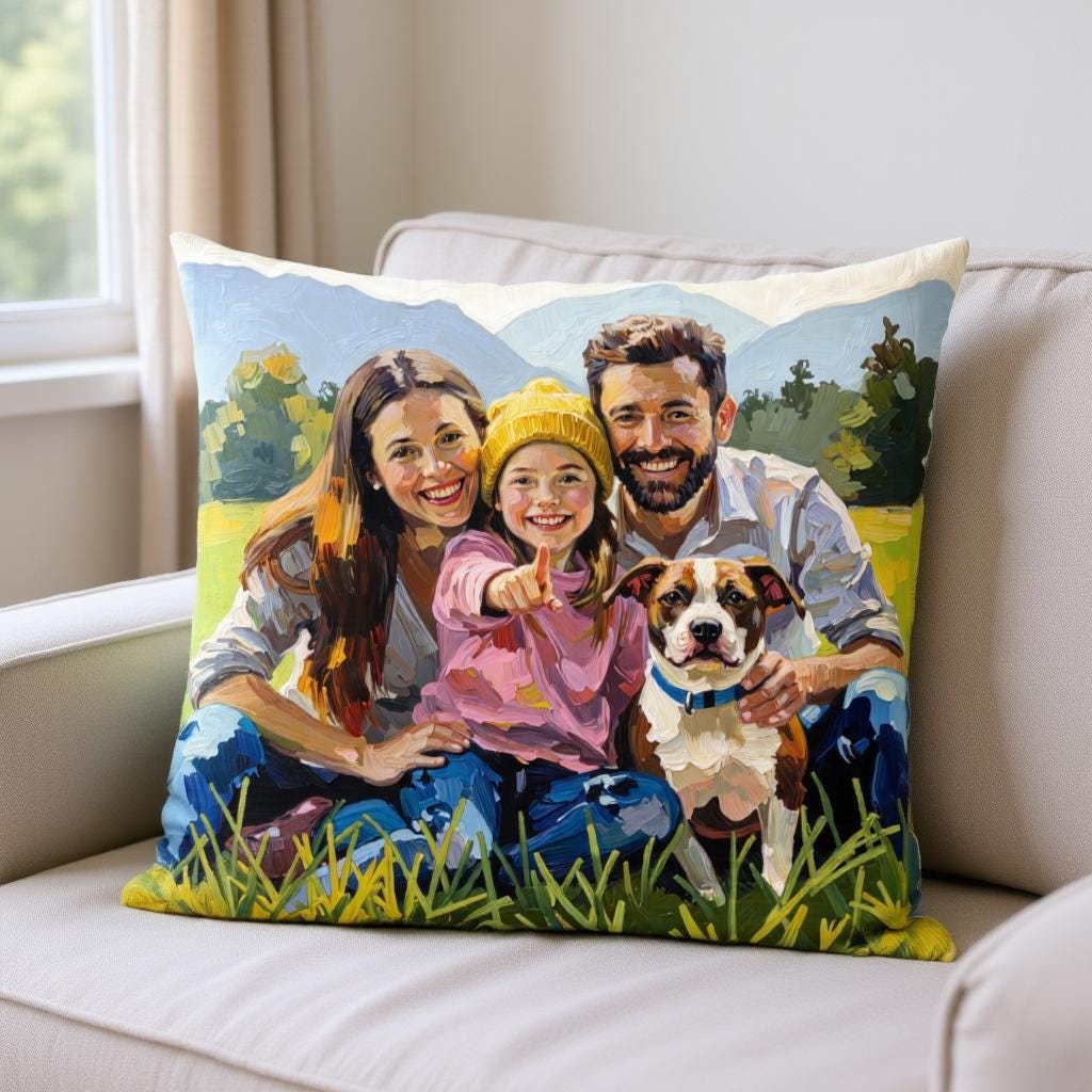 Personalized Pet & Family Portrait Pillow – Vibrant Oil Effect