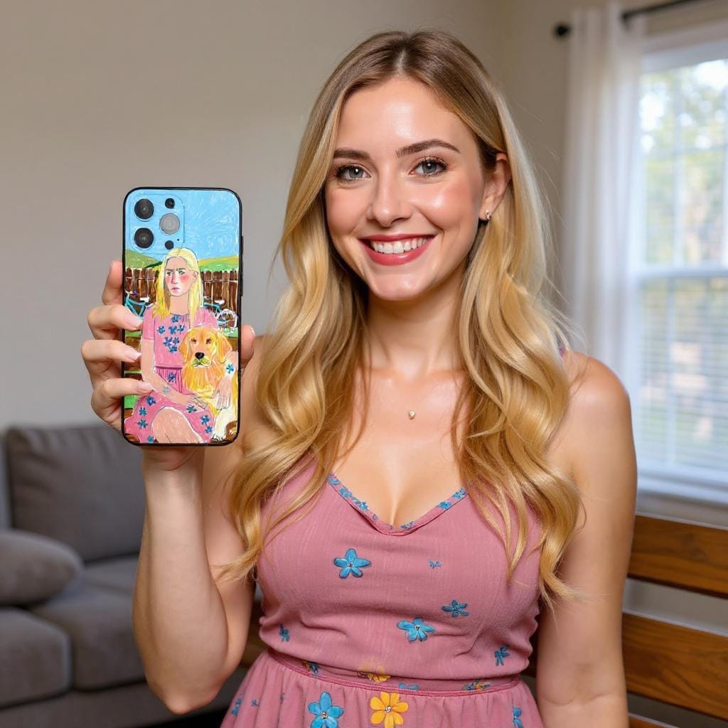 A woman holds a personalized iPhone case with a custom portrait of herself and her Golden Retriever, creating a heartwarming and unique accessory.
