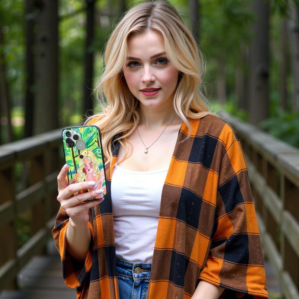 A woman holds a personalized iPhone case featuring an illustration of herself and her child in a forest setting, creating a sentimental and artistic accessory.