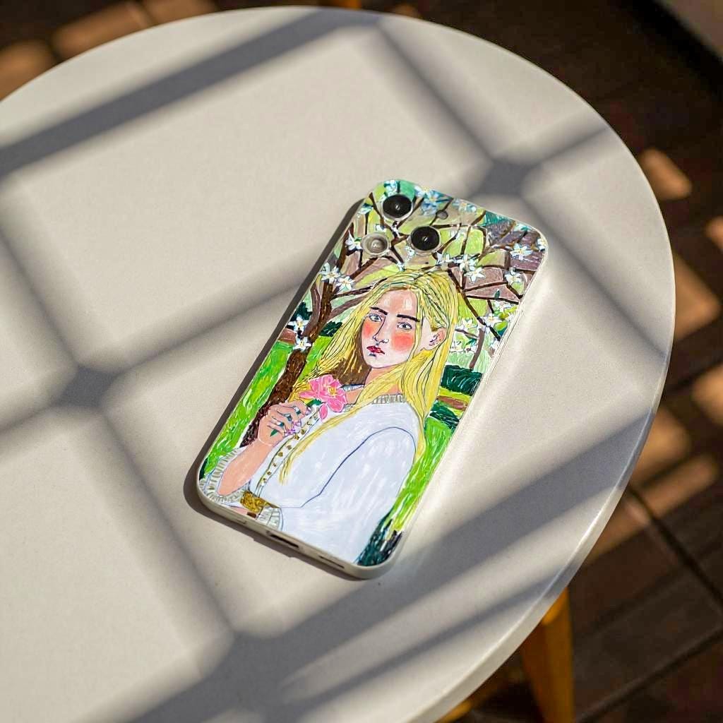 A personalized iPhone case with a custom portrait of a woman holding flowers, set against a leafy background, creating a delicate and artistic accessory.