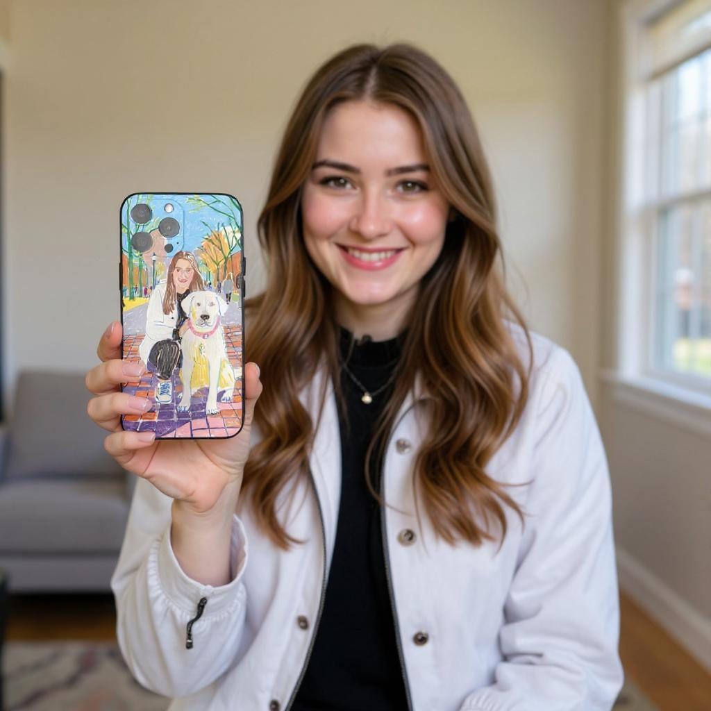 iPhone case with a woman, her dog and a friend on a path. Impressionistic style, vibrant colors, detailed autumn scene, sentimental gift.