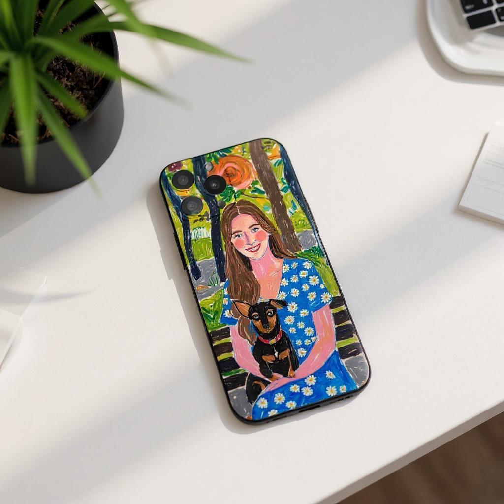 iPhone case with a brown - haired woman and a black - and - tan dog. Whimsical style, bright colors, outdoor scene, heartwarming gift.