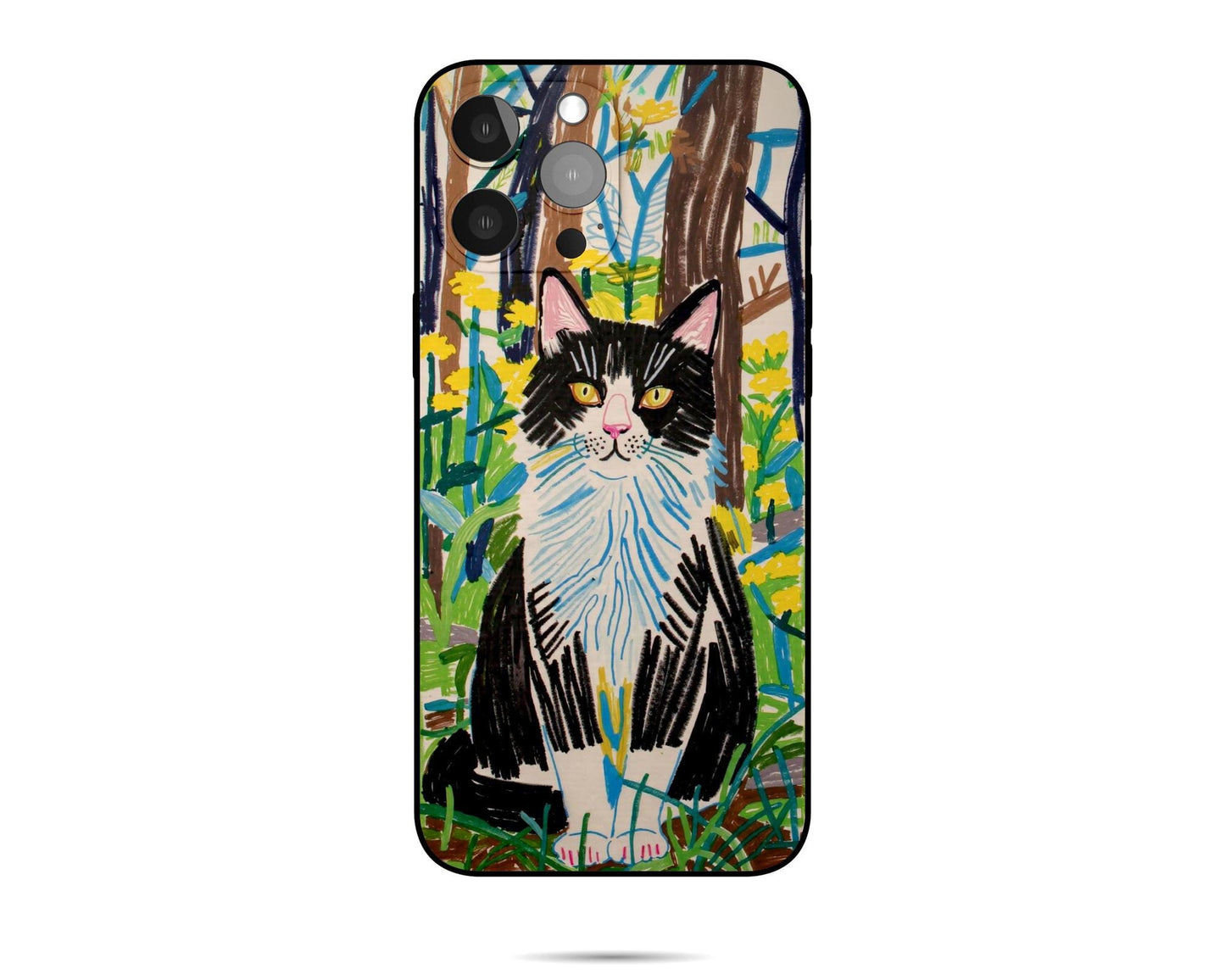 A custom pet portrait iPhone case featuring a vibrant illustration of a black and white cat sitting in a field of yellow dandelions, creating a unique and personalized accessory.
