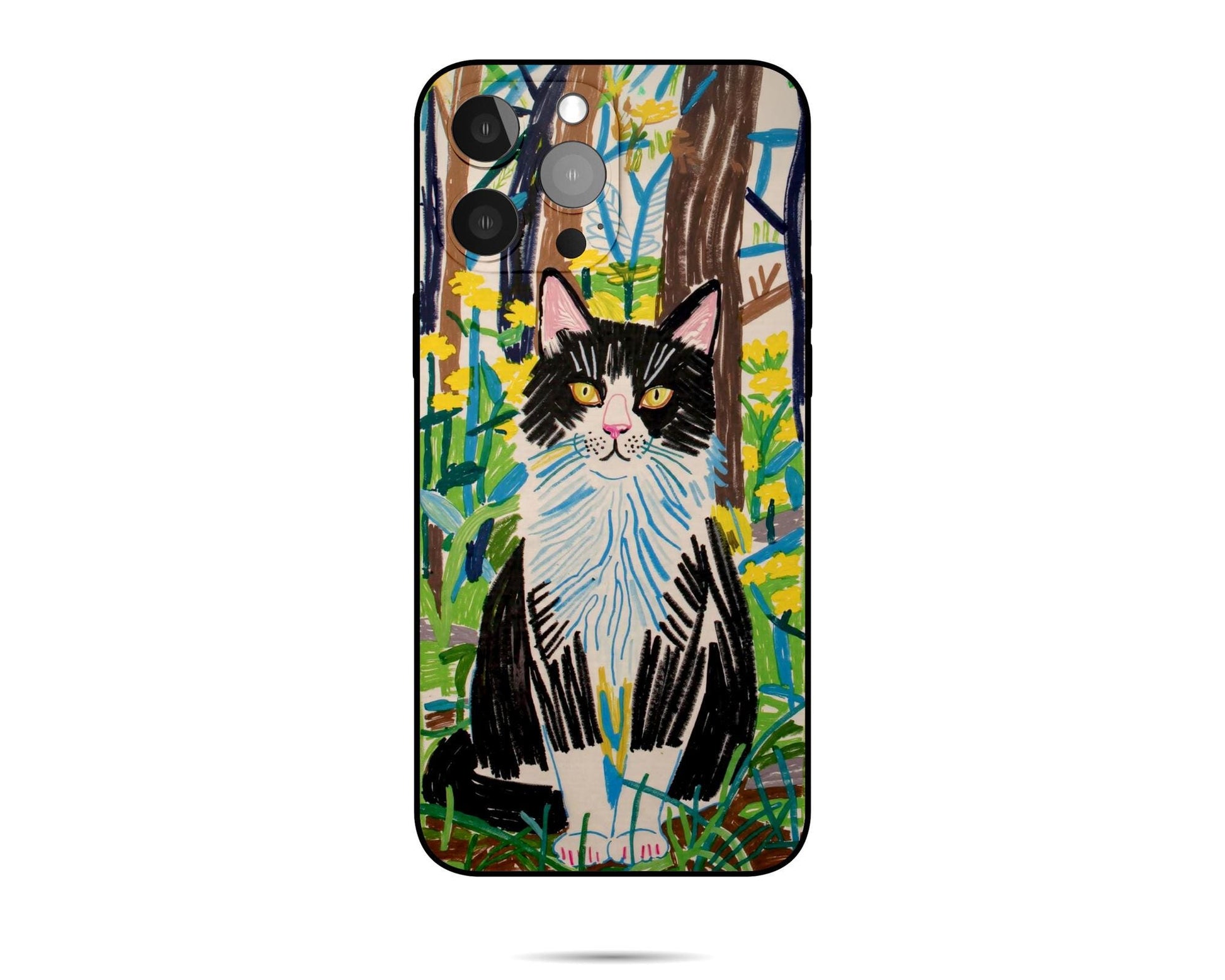 A custom pet portrait iPhone case featuring a vibrant illustration of a black and white cat sitting in a field of yellow dandelions, creating a unique and personalized accessory.