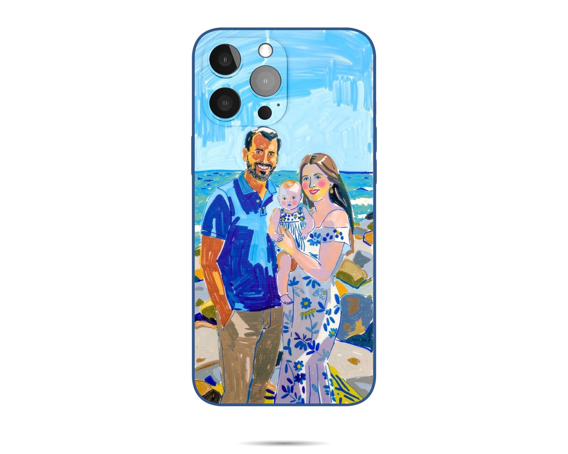 ​​iPhone case with a hand - painted couple and baby on a beach. Bold, abstract lines, lively blues and whites. Central focus, coastal backdrop, perfect wedding/family gift.