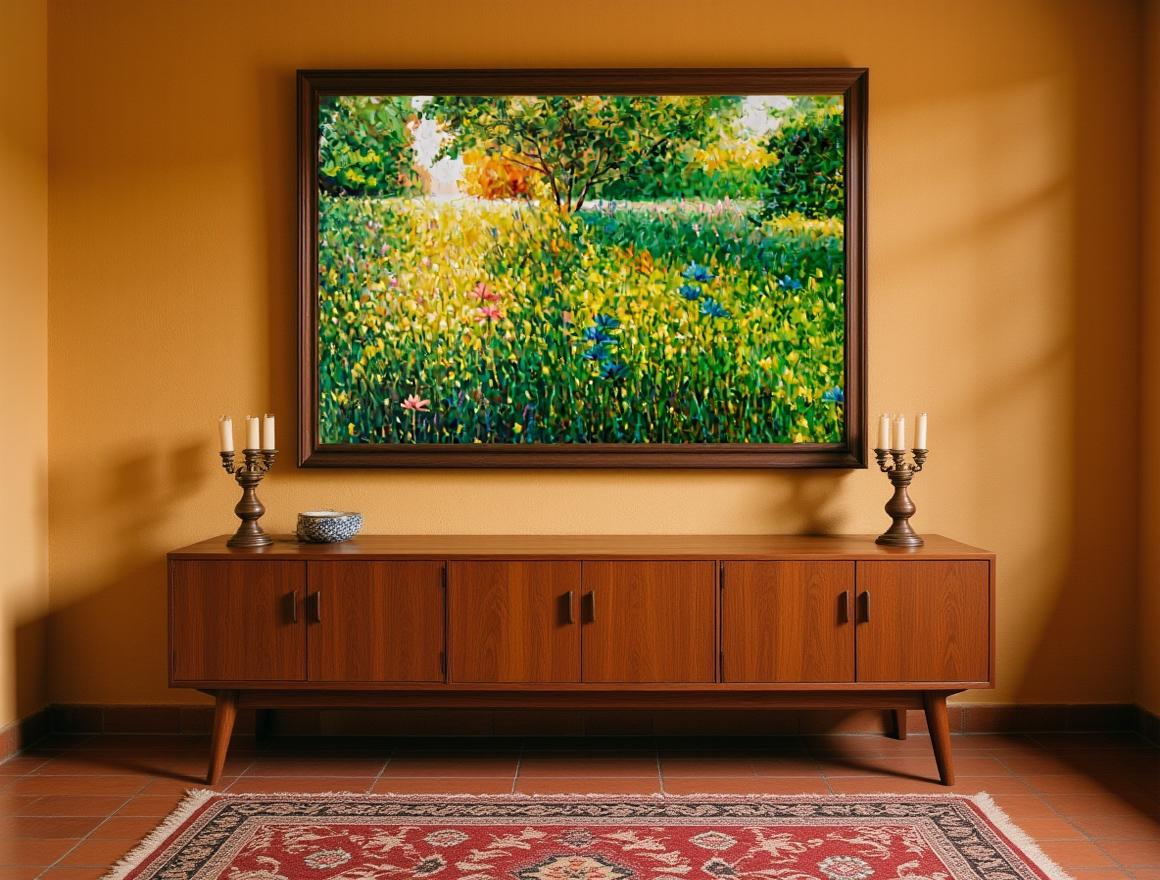 George Miller&#39;s &#39;Emerald Meadow&#39; oil painting displayed in a retro living room with burnt-orange walls. The textured impasto landscape harmonizes with MCM dark wood sideboard and terracotta floors through earth tones and organic subject matter. Brass candleholders add vintage elegance while the painting&#39;s vibrant blooms complement the traditional patterned rug, creating a warm nature-inspired focal point.