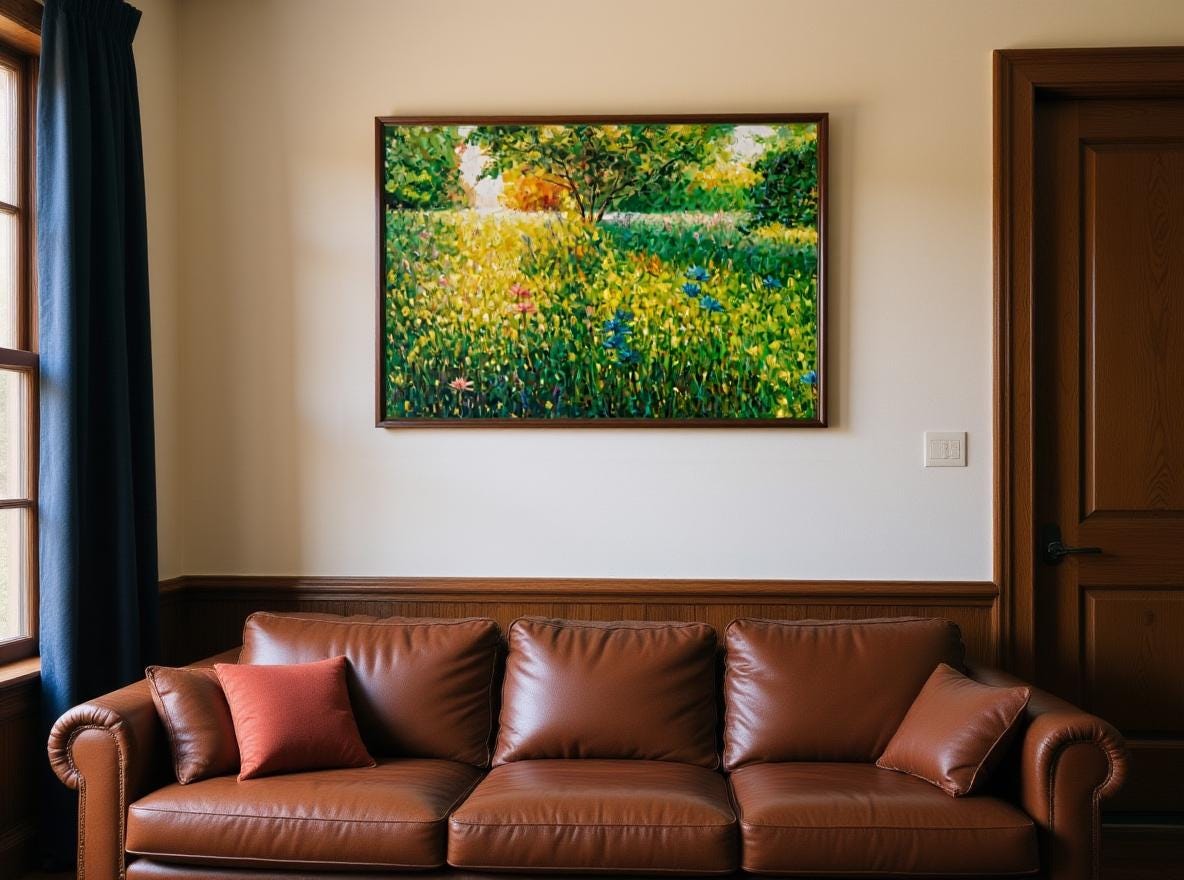 Large &#39;Emerald Meadow&#39; art above brown leather sofa in a cozy traditional space. Floral impasto textures add depth against beige walls and wood accents. Coral pillow picks up painting&#39;s pink blooms, while blue curtains harmonize with sky tones. Creates a balanced nature-focused statement in classic interior.