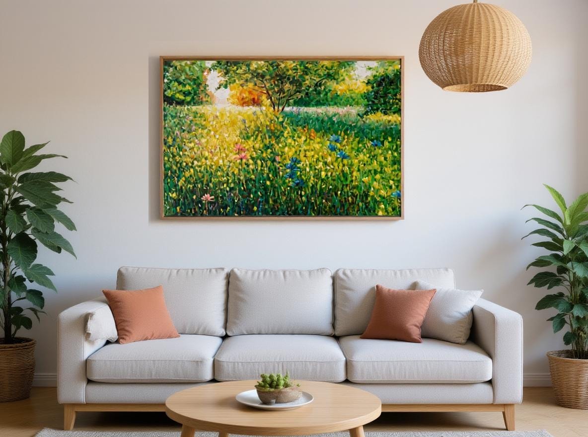 &#39;Emerald Meadow&#39; in modern gray-toned lounge with burnt orange pillows. Woven pendant light and basket plants enhance the nature theme. Painting&#39;s textured wildflowers contrast sleek furniture while vibrant greens energize the neutral palette - showcasing perfect art/modern decor synergy.