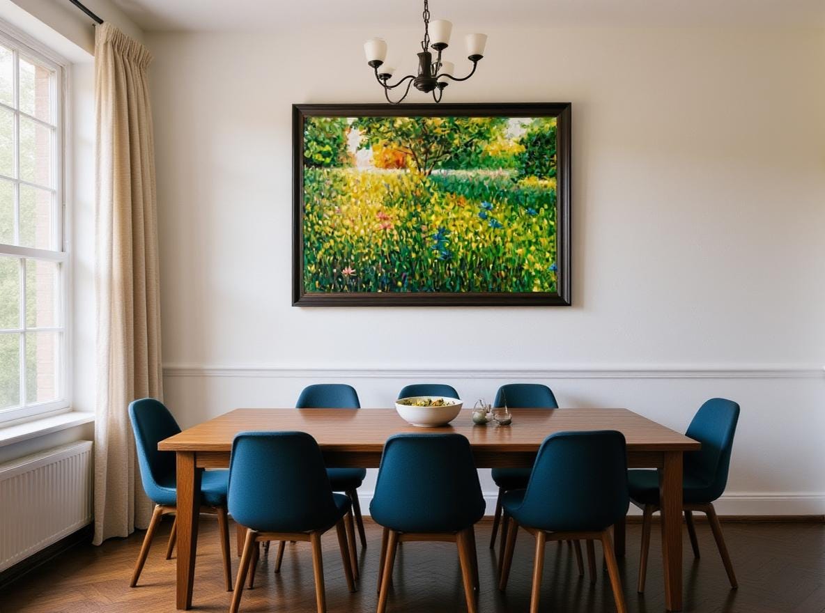 George Miller landscape centerpiece in minimalist dining area with blue chairs. Sunlit meadow greens pop against white walls, while chandelier lighting highlights impasto dimensionality. Wood table echoes earth tones, proving nature-inspired art energizes contemporary spaces.