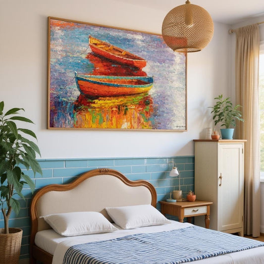 In this coastal-themed bedroom, George Miller&#39;s &quot;Tranquil Harbor&quot; complements the serene atmosphere. The painting&#39;s blues and oranges harmonize with the light blue wall, while the boat imagery enhances the nautical feel. The artwork adds a touch of sophistication and visual interest to the space.