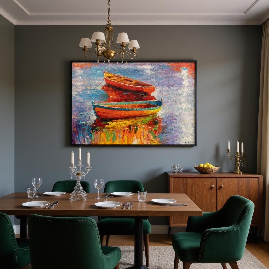 In this formal dining room, George Miller&#39;s &quot;Tranquil Harbor&quot; adds a touch of contemporary flair. The painting&#39;s colorful palette complements the gray walls and green chairs, creating a sophisticated and inviting atmosphere. The artwork enhances the room&#39;s ambiance, making it perfect for entertaining.