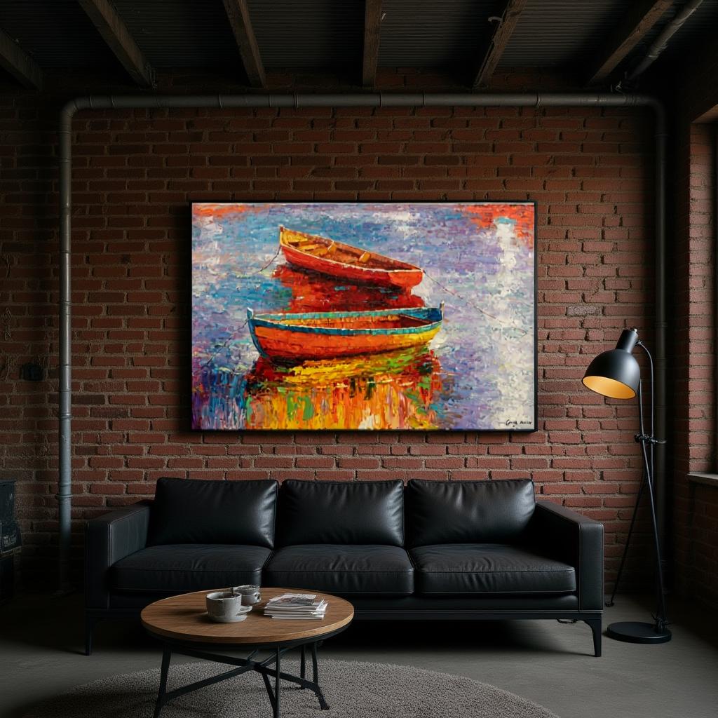 George Miller&#39;s &quot;Tranquil Harbor&quot; adds a pop of color to this industrial loft. The painting&#39;s vibrant hues contrast with the exposed brick walls and dark furniture, creating a striking visual impact. The artwork brings a sense of warmth and personality to the urban space.