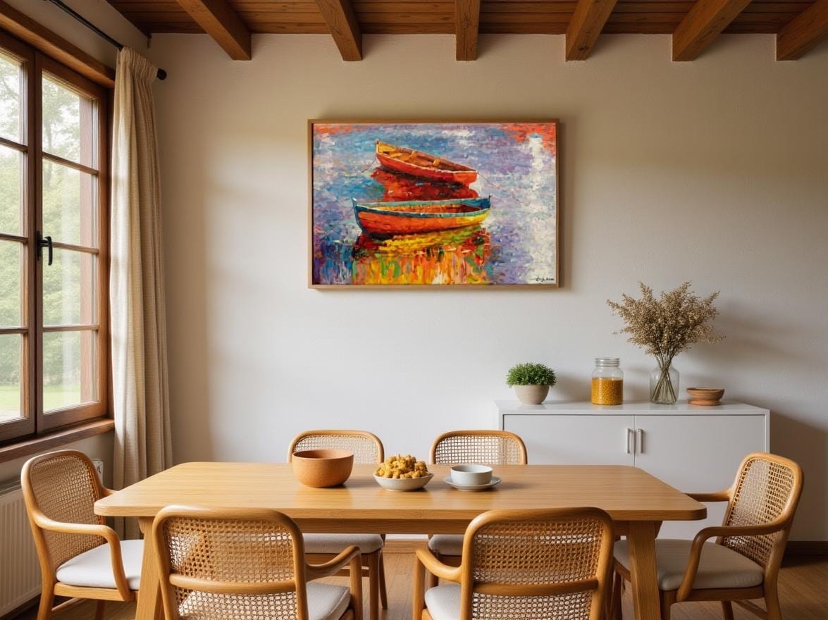 In this rustic dining room, George Miller&#39;s &quot;Tranquil Harbor&quot; adds a touch of contemporary charm. The painting&#39;s colorful palette complements the wooden furniture and natural textures, creating a warm and inviting atmosphere. The artwork enhances the room&#39;s ambiance, making it perfect for family gatherings.