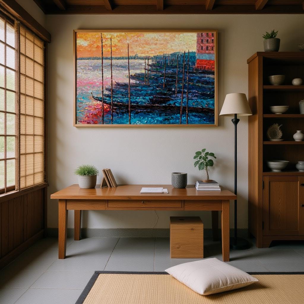 George Miller&#39;s Venice painting transforms Japanese study. Vibrant sunset contrasts tatami mats and shoji screens. Impasto textures resonate with ceramics and plants. Gondolas blend Venetian energy with Zen minimalism, creating culturally rich creative sanctuary.